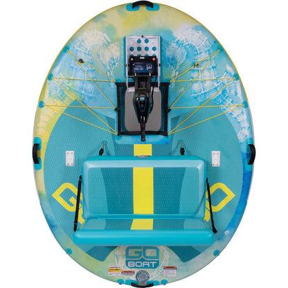 Close up of the GoBoat Double Freedom electric motor and stable hull design for coastal exploring.