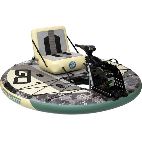 GoBoat Fish inflatable electric fishing boat product shot — side/rear angle on white background