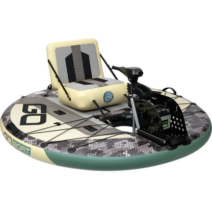 GoBoat Fish inflatable electric fishing boat product shot — side/rear angle on white background