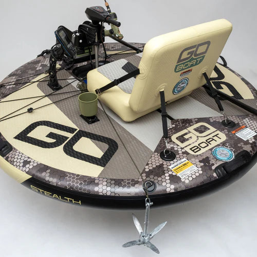 GoBoat Fish inflatable electric fishing boat — overhead view showing full deck layout with motor, seat, and fishing rod holders